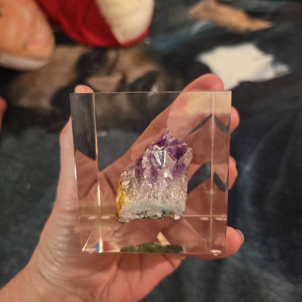 Vintage Crystal Rock Paperweight with Purple and Yellow Accents - Picture 2 of 7